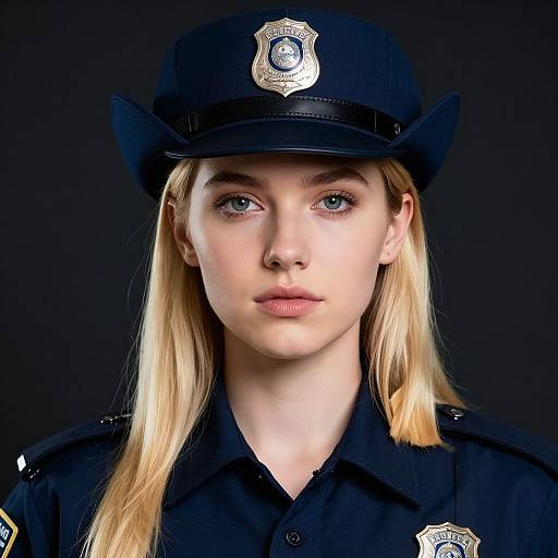 Photograph of a young blonde woman with fair skin and blue eyes, wearing a black police uniform and hat, against a dark background.