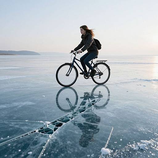 Photograph of a woman with long hair, wearing a black jacket and jeans, riding a bicycle on a frozen, reflective, expansive ice landscape with bright