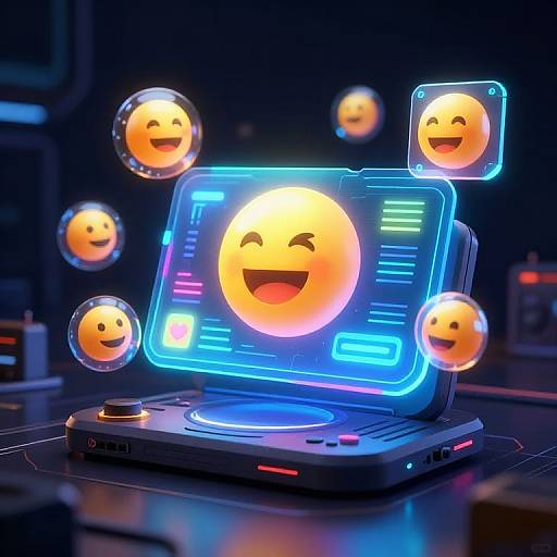 Digital CGI image of glowing neon blue laptop displaying a smiling emoji, with four floating emoji icons around it, set against a dark, futuristic background.