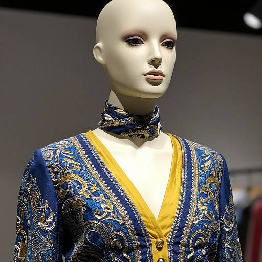 Photograph of a bald, white-faced fashion mannequin wearing an ornate blue and gold embroidered jacket over a yellow V-neck shirt.