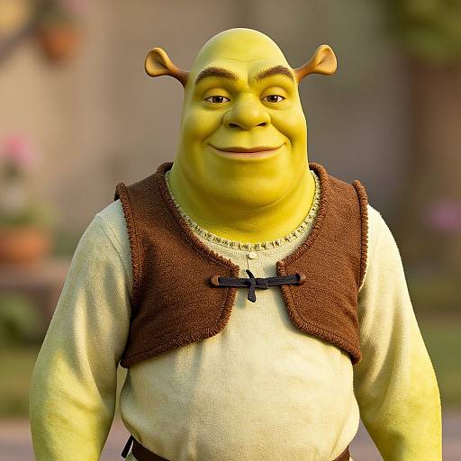 CGI image of a smiling, yellow-skinned, bald ogre with small horns, wearing a brown vest over a beige shirt, in a blurred