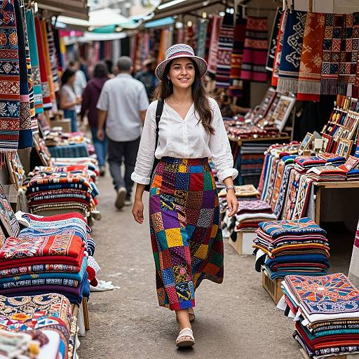 Photograph of a smiling woman in a white blouse and colorful patchwork skirt, wearing a sunhat, walking through a vibrant, outdoor market filled with