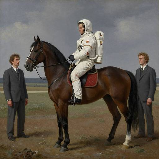 Photorealistic painting of a man in a white spacesuit with oxygen tank, riding a brown horse, flanked by two men in gray suits.