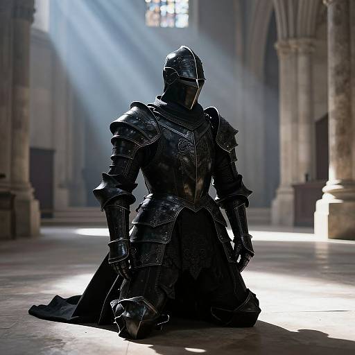 Photorealistic digital art of a silhouetted knight in full black armor kneeling in a sunlit, medieval cathedral with beams of light.