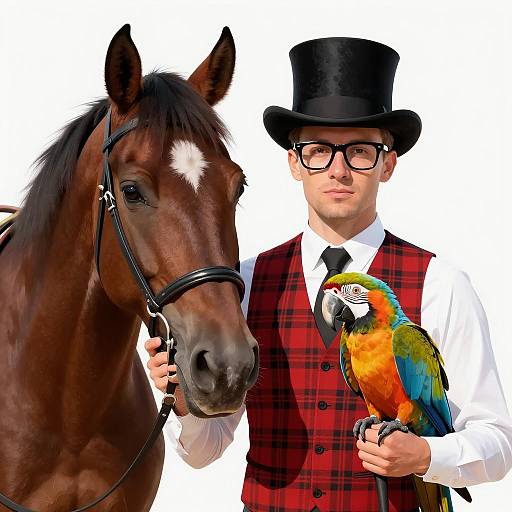 Whimsical Man, Horse, and Macaw Duo
