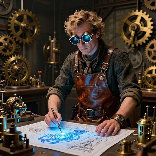 Steampunk inventor with curly blonde hair, blue-lensed goggles, and brown leather apron, illuminates intricate blue circuit drawing with a pen in