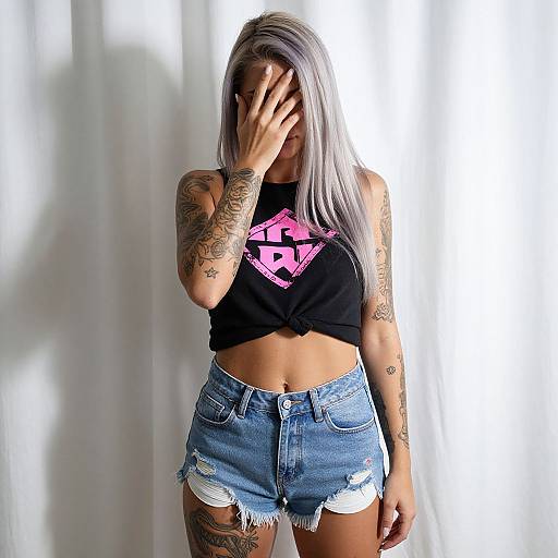 Photograph of a tattooed woman with long silver hair, covering her face with her hand, wearing a black crop top and distressed denim shorts, against