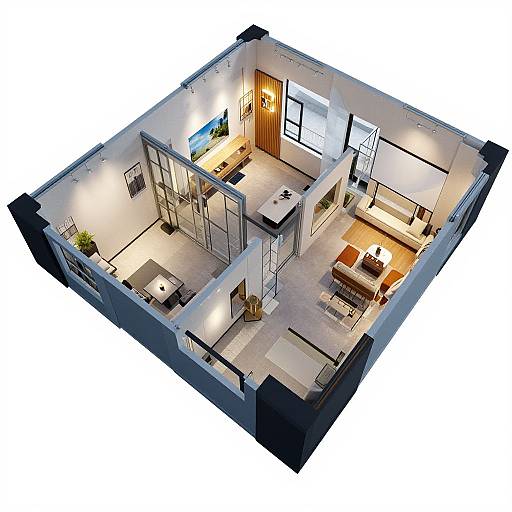 Isometric digital floor plan of a modern apartment with open living area, dining table, kitchen, bedroom, bathroom, and large window.