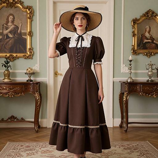 Photograph of a woman in a Victorian-style black dress with white lace, wide-brimmed hat, standing in an elegant, antique-filled room.