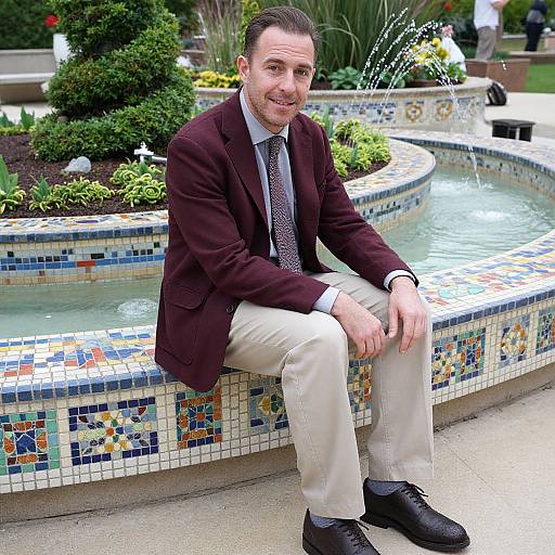 Photograph of a smiling man with slicked-back hair, brown blazer, white shirt, patterned tie, beige pants, and black shoes,