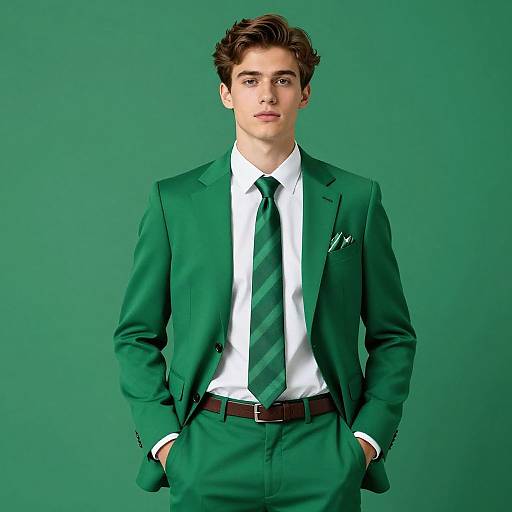 Photograph of a young man with fair skin and brown hair, wearing a green suit, white shirt, green striped tie, and white pocket square,