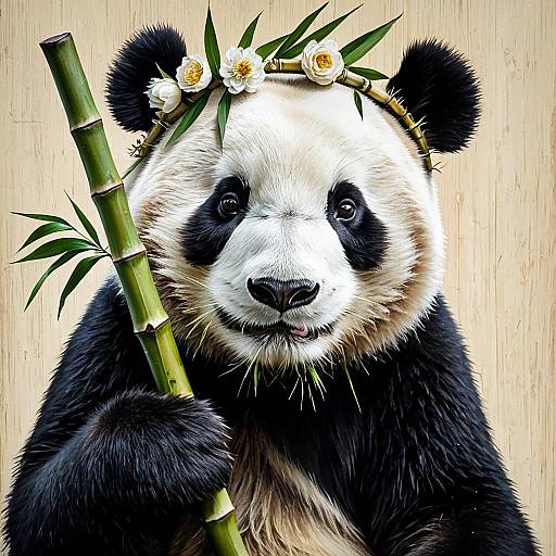 Gentle Giant Panda with Bamboo and Flower Crown