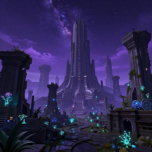 Fantasy sci-fi landscape: glowing blue plants, ruined dark stone structures, towering futuristic spires under a starry, purple-hued night sky.