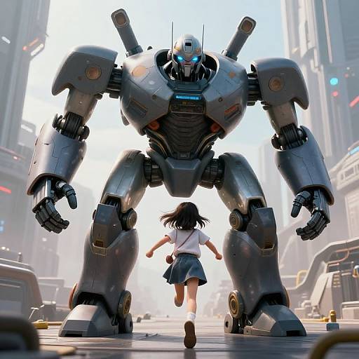 Young Girl Running to Giant Robot Friend in Futuristic City