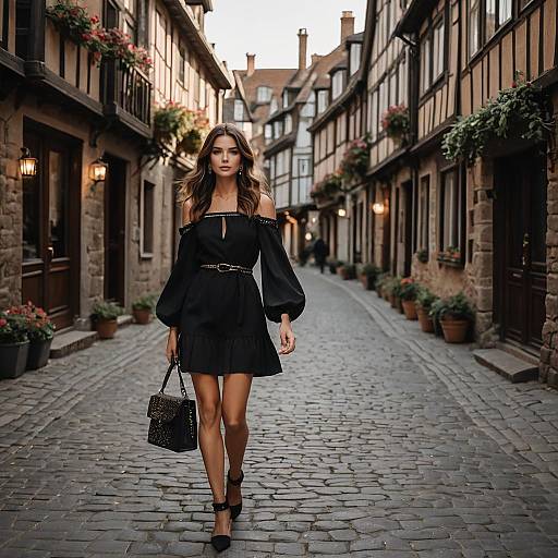 Fashionable Woman Walking on Cobblestone Street