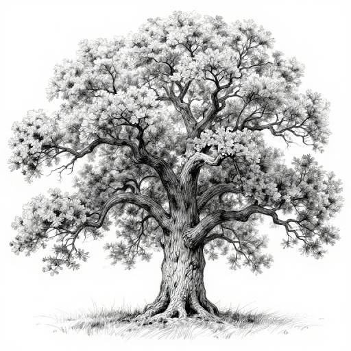Detailed black-and-white ink drawing of a large, gnarled tree with sprawling branches and dense foliage, centered on a white background.