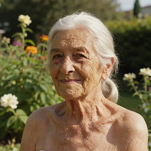 Photograph of an elderly woman with white hair, wrinkled skin, and a gentle smile, topless, standing in a sunny garden with blooming
