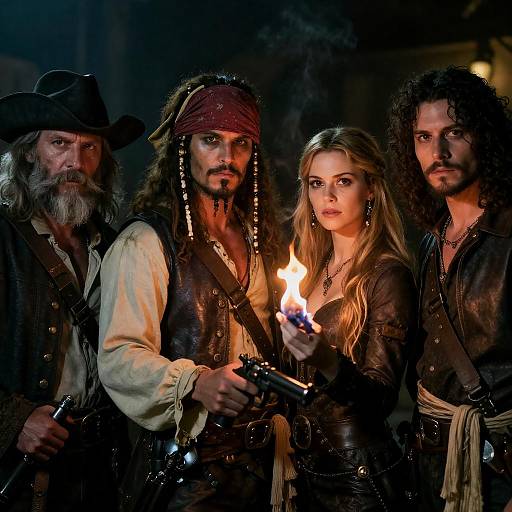 Intense Pirate Crew in Dimly Lit Setting