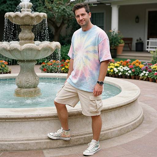 Photograph of a smiling man in a tie-dye shirt, beige shorts, and white sneakers, standing by a ornate fountain with cascading water