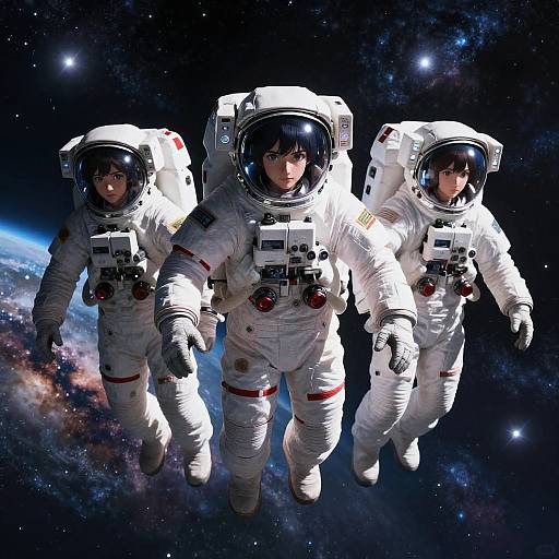 Photorealistic digital art of three astronauts in white spacesuits with black visors floating in space, surrounded by stars and a colorful galaxy.