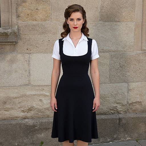 Photograph of a fair-skinned woman with wavy brown hair, wearing a white collared shirt and black dress, standing against a stone wall.