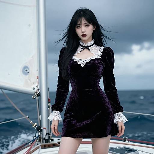 Gothic-style photograph of a pale-skinned woman with black hair, dark lipstick, wearing a black velvet dress with white lace, standing on a sail