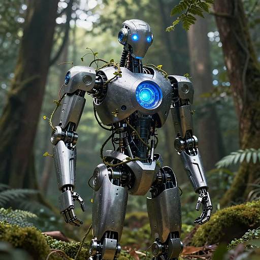 Photorealistic CGI of a silver robot with glowing blue eyes, standing in a lush, misty forest, surrounded by moss and ferns.