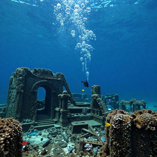 Photograph of an underwater scene featuring ancient, ruined stone structures surrounded by coral and bubbles ascending from a lone fish.