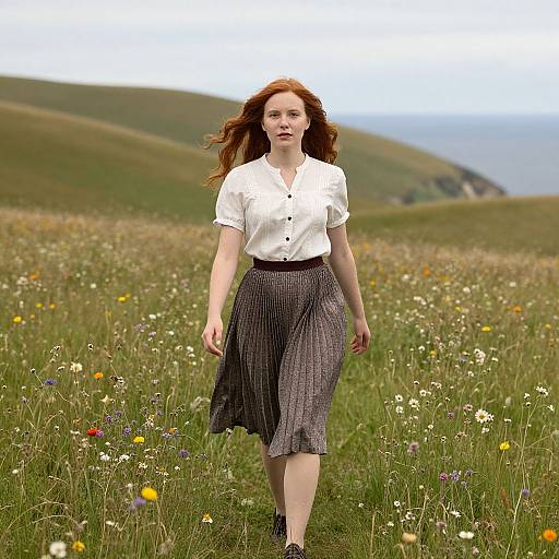 Photograph of a red-haired woman with fair skin, wearing a white blouse and black checkered skirt, walking through a colorful meadow with hills and