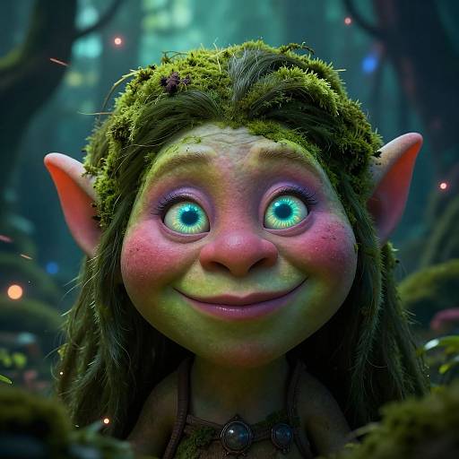 CGI fantasy portrait of a cheerful, green-eyed, moss-covered elf with large ears and pink cheeks, set in a mystical forest.