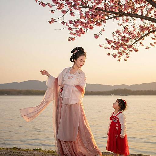 Photograph of Korean woman in traditional hanbok, standing beside young girl in red hanbok, under cherry blossoms, by serene lake at