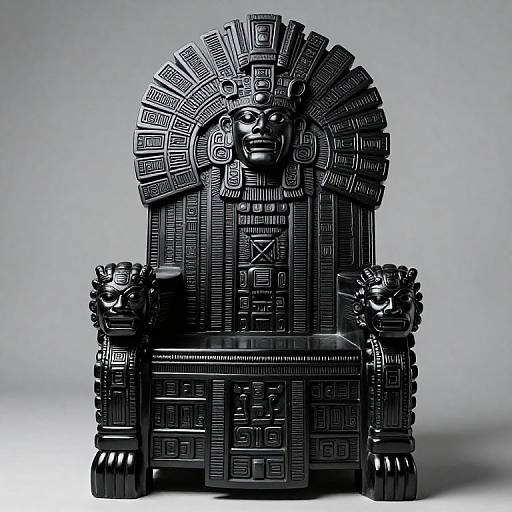 Photograph of an intricately carved, black, Aztec-inspired throne with a detailed headdress, symmetrical patterns, and lion-like figures on the
