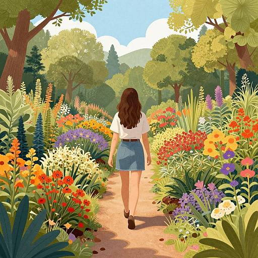 Digital illustration of a woman with long brown hair, white blouse, blue skirt, black shoes, walking through a vibrant, colorful garden path surrounded by lush
