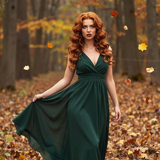 Photograph of a red-haired woman with curly hair in a dark green, V-neck dress standing in an autumn forest, holding her skirt, surrounded by