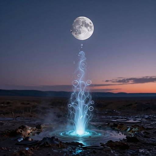 Photograph of a glowing blue water splash rising from a rocky pool under a bright, full moon in a twilight sky.