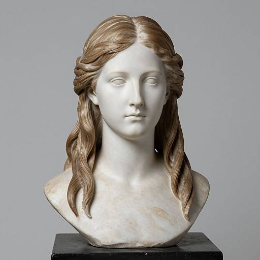 Photograph of a white marble bust of a young woman with long, wavy brown hair, styled in a loose braid, against a plain grey