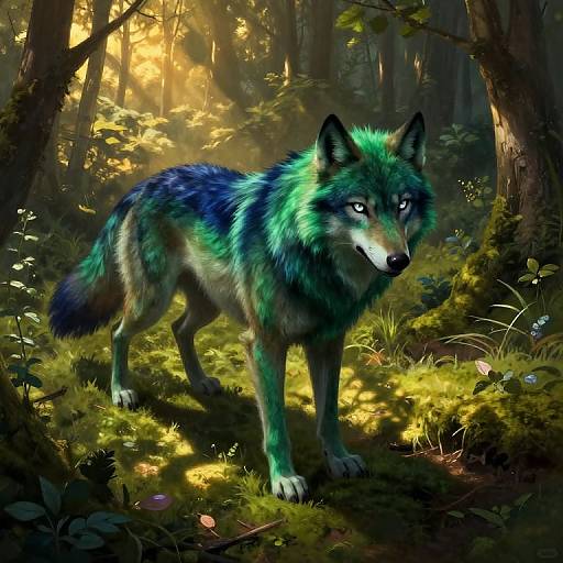 Digital painting of a vibrant, green and blue wolf standing in a sunlit forest, surrounded by lush foliage and dappled sunlight.
