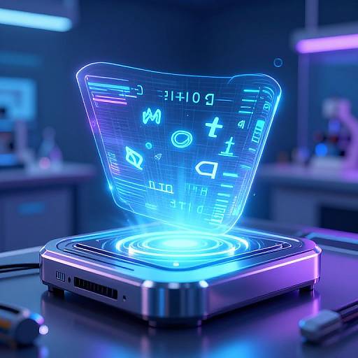 Photorealistic CGI of a glowing blue holographic interface with digital icons and numbers, floating above a futuristic, metallic, hexagonal device in a neon