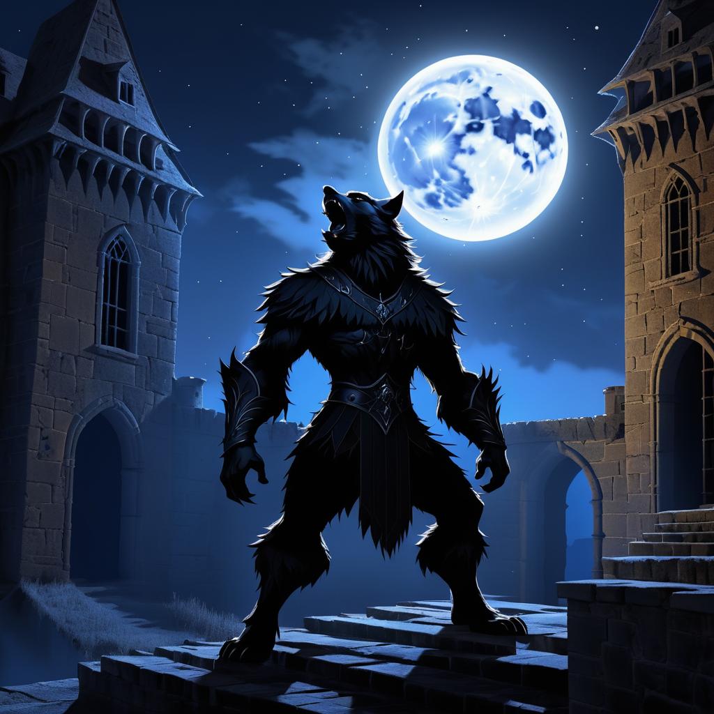 Werewolf Howling in Abandoned Castle Scene