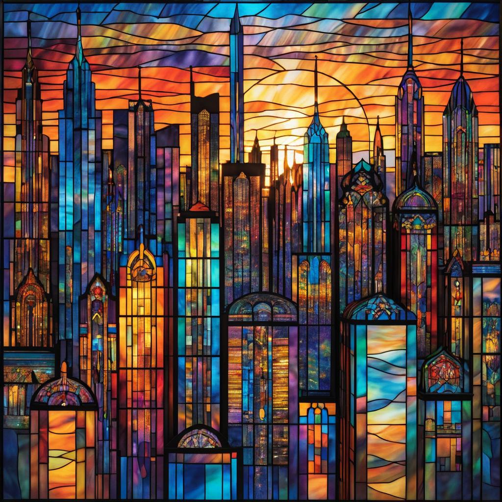 Stained Glass City Skyline at Sunset