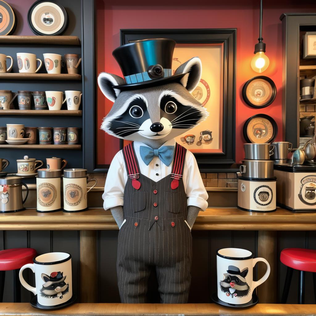 Vibrant Raccoon Art in Cozy Cafe