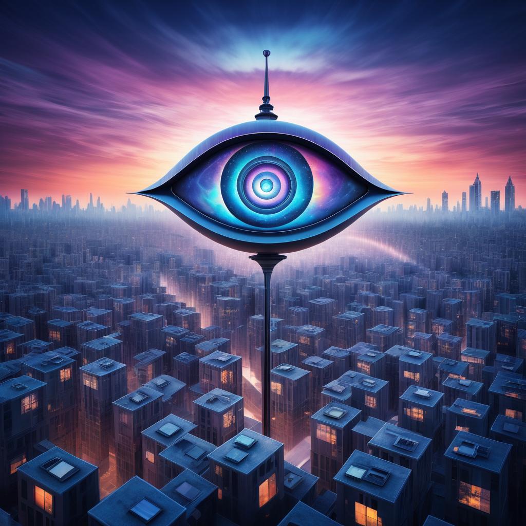 Dreamlike Machine with Eye Over Cityscape