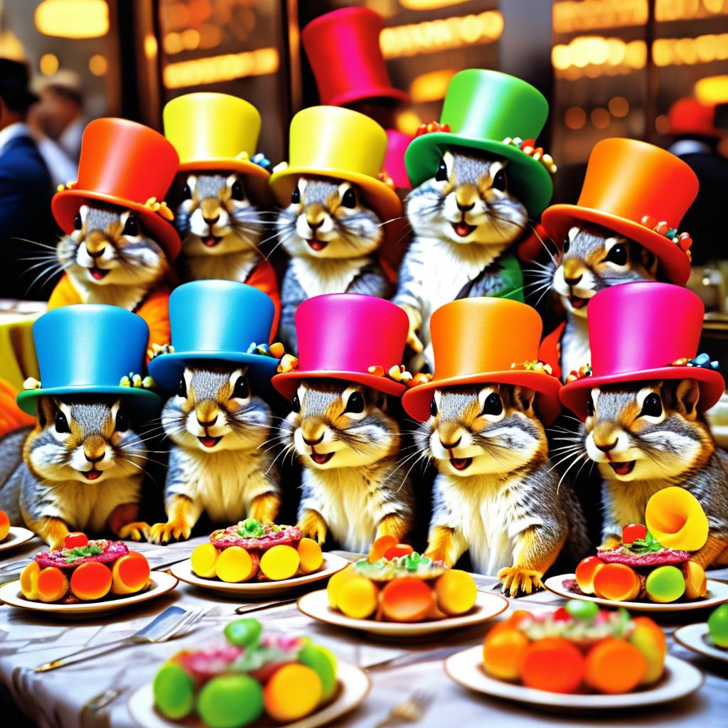 Squirrels in Colorful Hats Dining Fancy