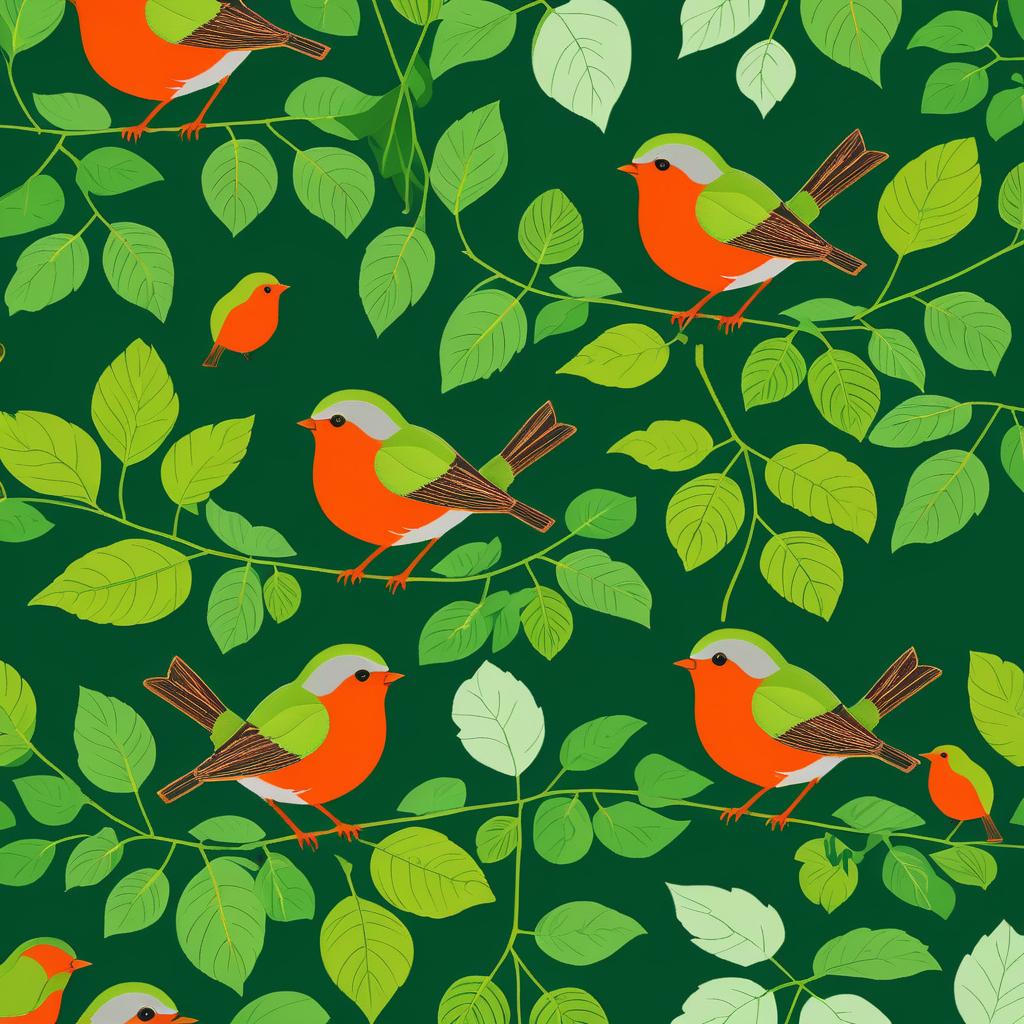 Vibrant Botanical Print with Joyful Robins