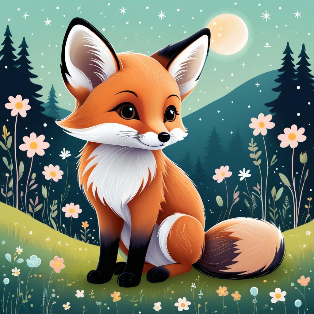 Whimsical Baby Fox in Starry Meadow