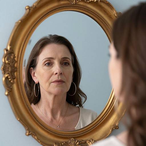 Photograph of a middle-aged woman with fair skin and dark brown hair, wearing hoop earrings and a white top, reflected in an ornate, gold