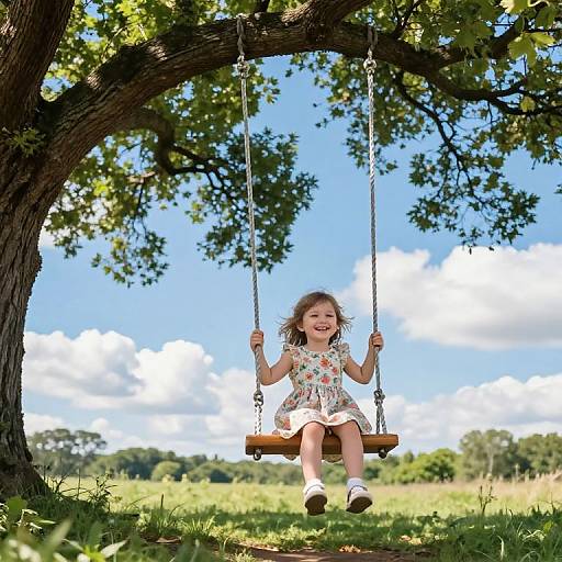 Photograph of a smiling young girl with curly brown hair, wearing a floral dress, sitting on a wooden swing under a large tree with green leaves,