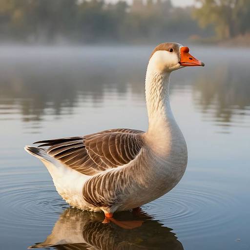 Photograph of a white and grey Canada goose with an orange beak, standing in calm, reflective water, surrounded by misty trees.