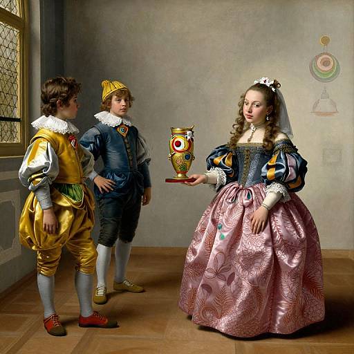 Baroque-style digital painting of two boys in colorful Renaissance outfits and a woman in a pink, floral-patterned gown offering a decorative goblet.