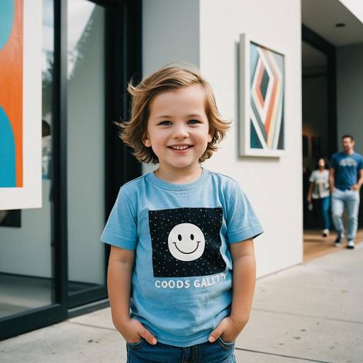 Smiling Toddler Boy in Blue Graphic Tee Outdoors